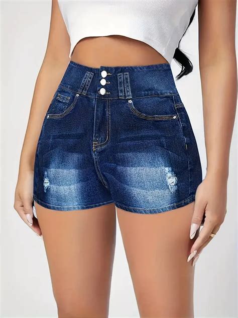 Navy Blue Ripped Holes Denim Shorts Single Breasted Button Temu