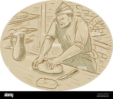 Medieval Baker Kneading Bread Dough Oval Drawing Stock Photo - Alamy