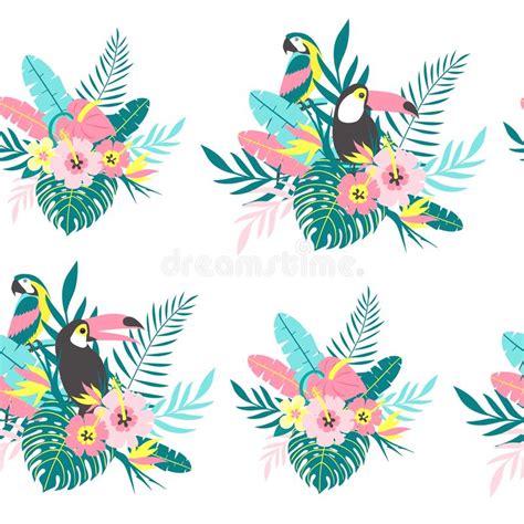 Tropical Seamless Pattern With Toucan Flamingos Cactuses And Exotic