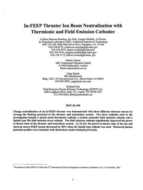 Fillable Online Trs New Jpl Nasa In Feep Thruster Ion Beam