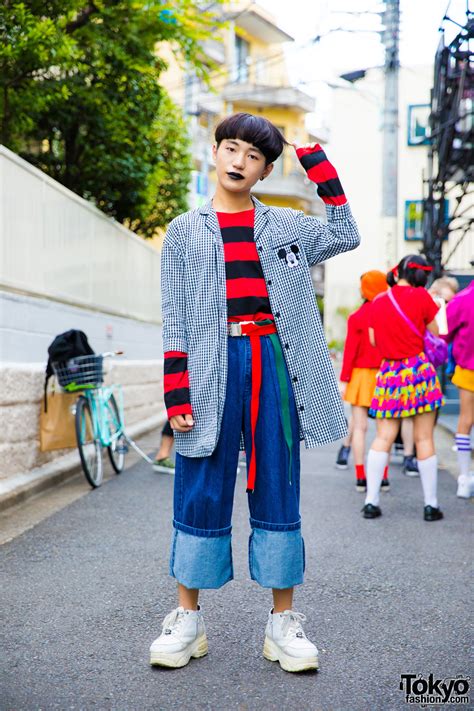 Harajuku Boy In Black Lipstick W Plaid Mickey Mouse Coat Stripes