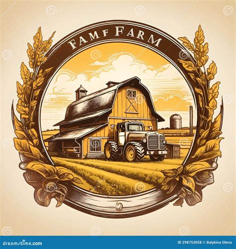 Old Farm Buildings, Rural Landscape and Tractor Stock Illustration