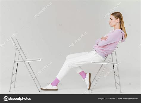 Side View Attractive Young Woman Sitting Chair Front Another Empty — Stock Photo © AndrewLozovyi ...