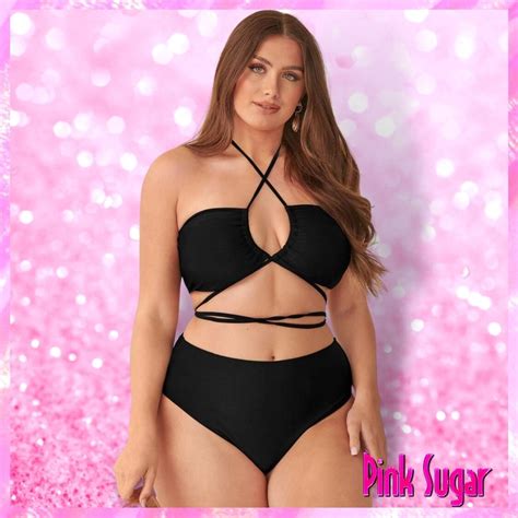 Black Plus Halter High Waisted Bikini Swimsuit Pink Sugar