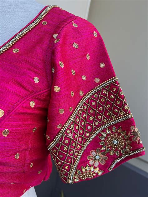 Hot Pink Color Raw Silk Ready To Wear Blouse Handwork Blouses Padded Blouse Readymade Saree