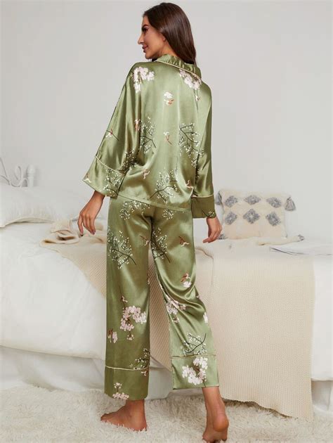 Floral Print Contrast Piping Satin Blouse Pants PJ Set SHEIN