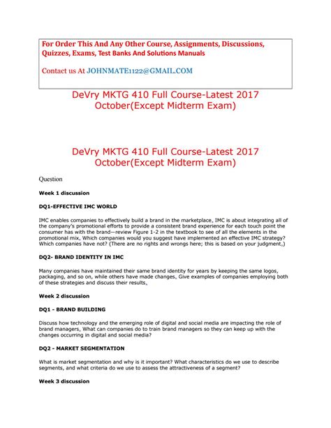 Devry Mktg 410 Full Course Latest 2017 October Except Midterm Exam By