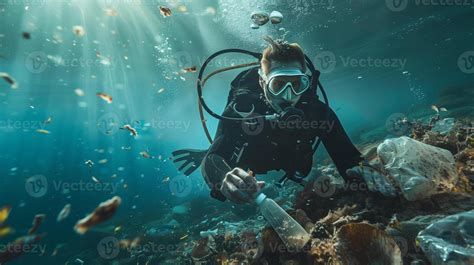 Scuba Diver Collects Plastic Debris Clear Blue Water Environmental