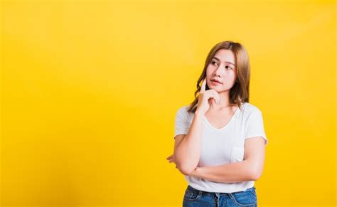 Premium Photo Portrait Asian Thai Beautiful Young Woman Wearing White T Shirt Standing Chin