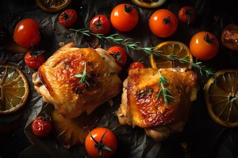 Uma Mesa Cheia De Comida Incluindo Frango E Tomate Foto Premium