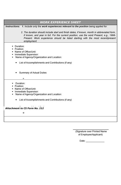 Cs Form No 212 Attachment Work Experience Sheet Work Experience Sheet Instructions 1