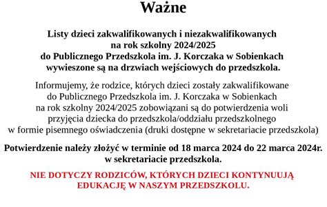 Ważna informacja Publiczne Przedszkole im Janusza Korczaka w Sobienkach