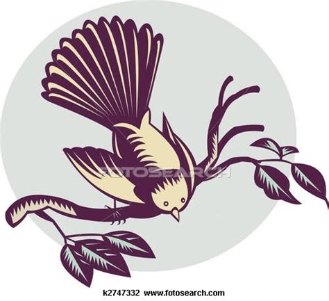 New Zealand fantail bird on a branch done in retro woodcut style ...