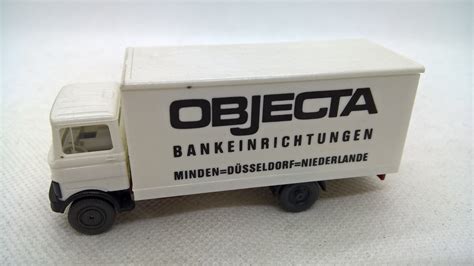 Wiking 434 Mercedes MB LP 809 Koffer LKW m Ladebordwand OBJECTA weiß