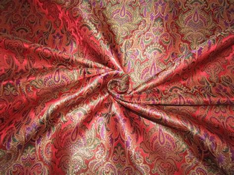 Brocade Fabric Red X Metallic Gold With Multi Color Paisleys Wide