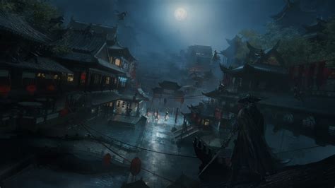 WuXia Night Chinese Architecture Moon Fantasy City Artwork