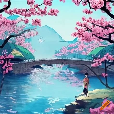 Feudal Japanese Bridge With Cherry Blossoms And A Woman Reading A Book