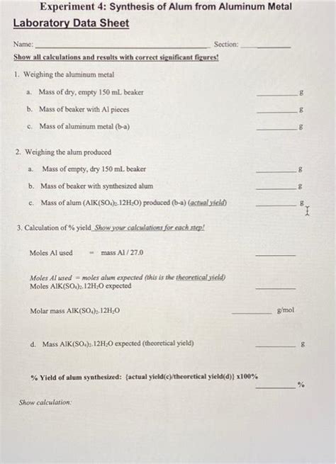 Experiment Synthesis Of Alum From Aluminum Metal Chegg