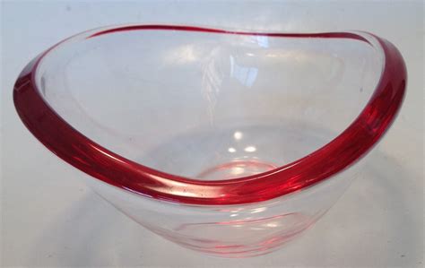 Walther Glas Germany Art Glass Clear Bowl Red Rim Oval Vintage Etsy