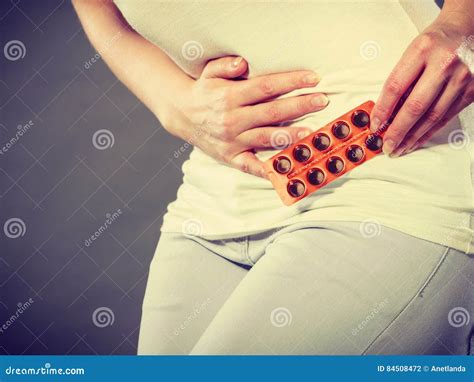 Woman Suffer From Belly Pain Holds Pills Stock Photo Image Of