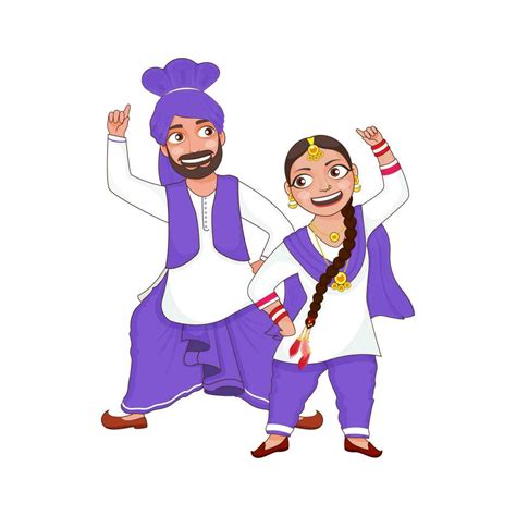 Cheerful Punjabi Couple Performing Bhangra Dance In Traditional Attire