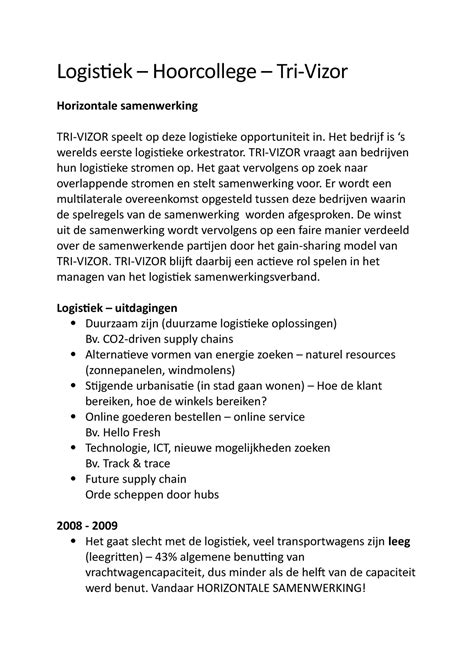 Samenvatting Tri Vizor Logistiek Hoorcollege Horizontale Samenwerking