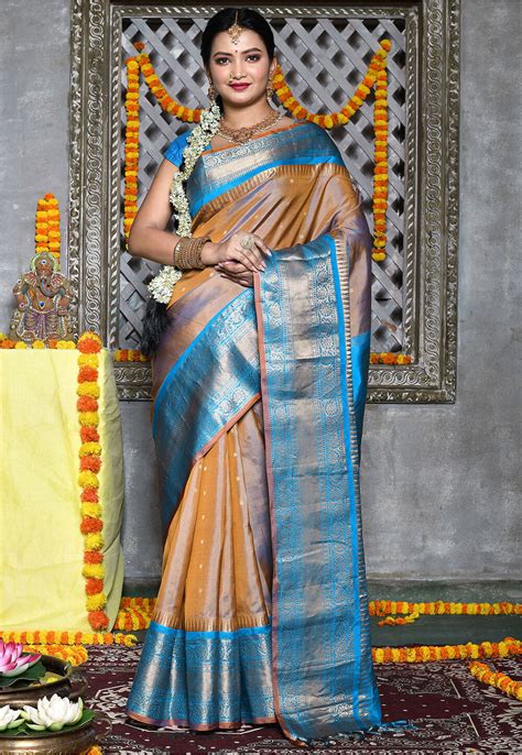 Buy Handloom Pure Silk Gadwal Saree In Beige And Blue Dual Tone Online