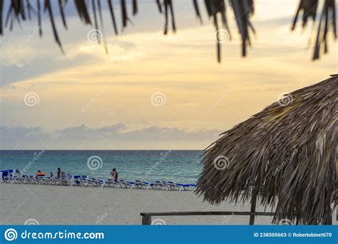 Los Turistas Se Relajan En La Playa De Arena De Varadero Al Atardecer