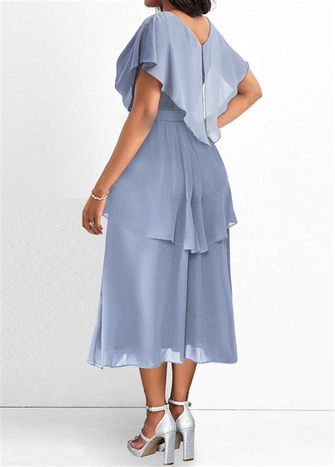 ROTITA Asymmetry Dusty Blue V Neck Short Sleeve Dress Rotita