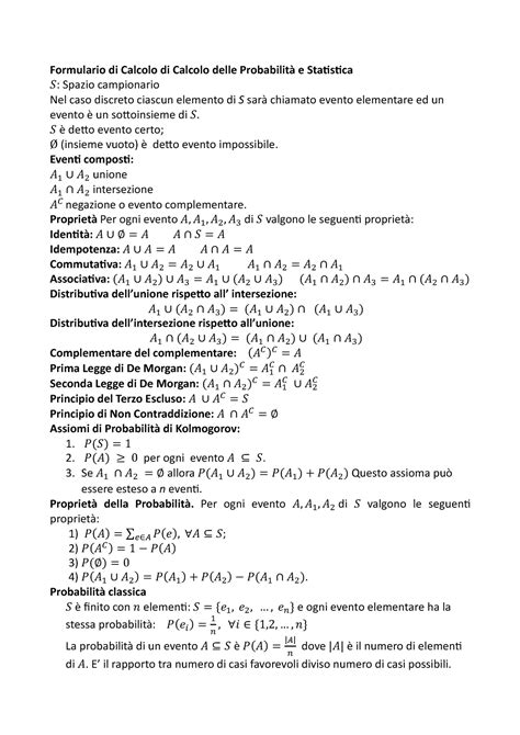 Formulario di Calcolo di Calcolo delle Probabilità e Statistica