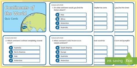 Continents Of The World Multiple Choice Quiz Cards Twinkl