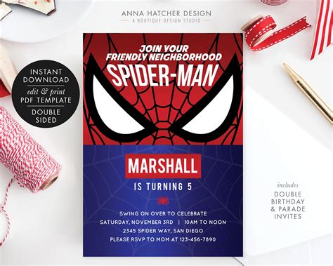 Spiderman Birthday Party Invitation Spider Man Party Blue Etsy