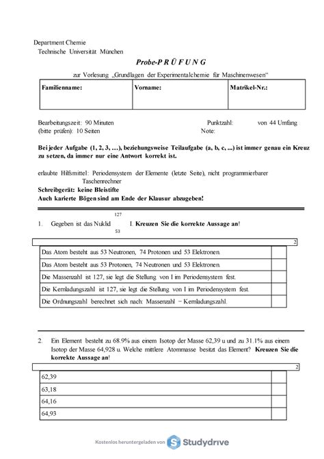 Probe Klausur Probe Klausur Department Chemie Technische