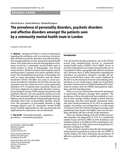 Pdf The Prevalence Of Personality Disorders Psychotic Disorders And Affective Disorders