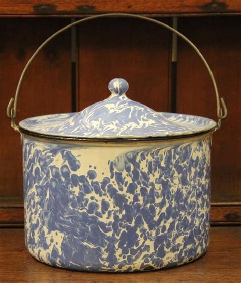 Sold Price GRANITEWARE BLUE WHITE POT WITH LID AND BAIL HANDLE May