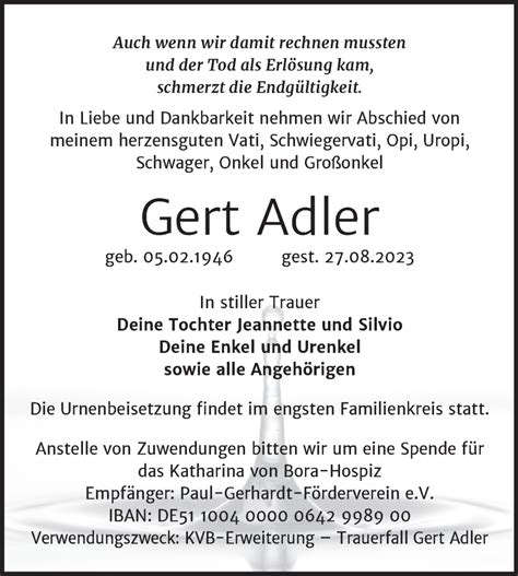 Traueranzeigen Von Gert Adler Abschied Nehmen De