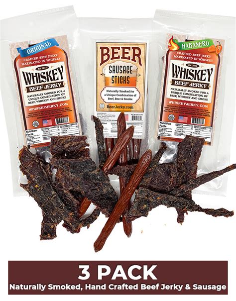 3 Pack Whiskey Original Jerky Whiskey Habanero Jerky Beer Sausage Sticks