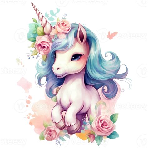 Cute Unicorn With Spring Flowers Watercolor Illustration Png