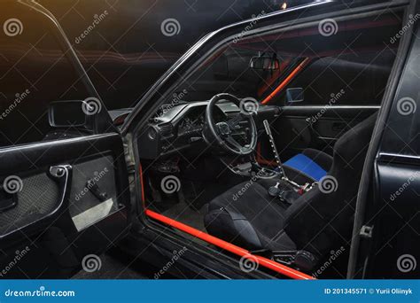 sports car interior  roll cage  drift handbrake stock image