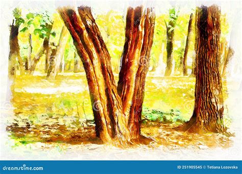 Watercolor Painting Landscape With Trees In Park Modern Digital Art