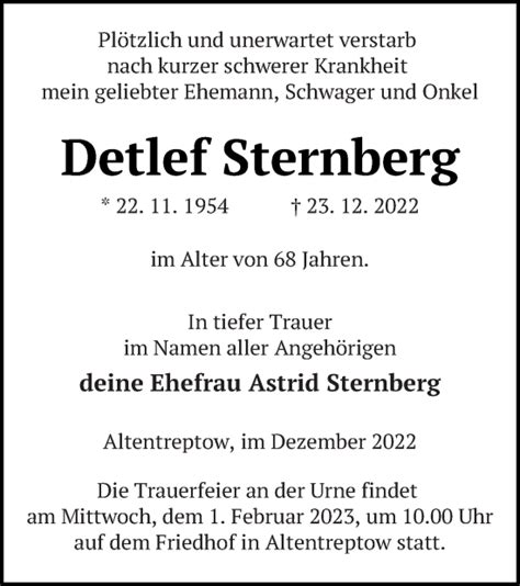 Traueranzeigen Von Detlef Sternberg Trauer Nordkurier