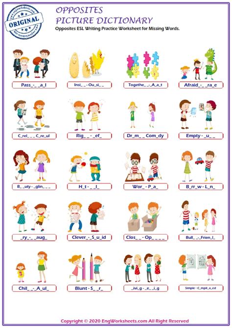 Opposites Printable English Esl Vocabulary Worksheets Engworksheets