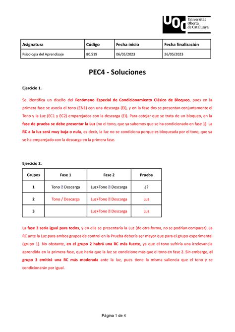 Psicología del aprendizaje PEC 4 Soluciones Psicología del