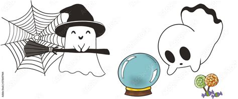 A set of three Cute ghost sheet with characters and emotion. Digital hand draw and paint ...