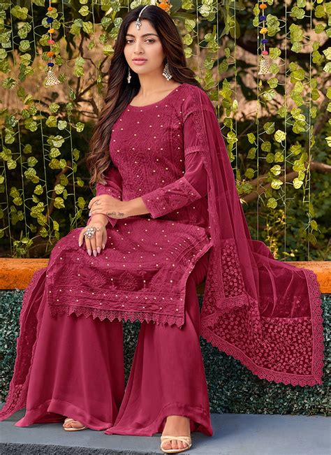 Shop Eid Outfits Magenta Lucknowi Embroidery Festive Palazzo Suit At