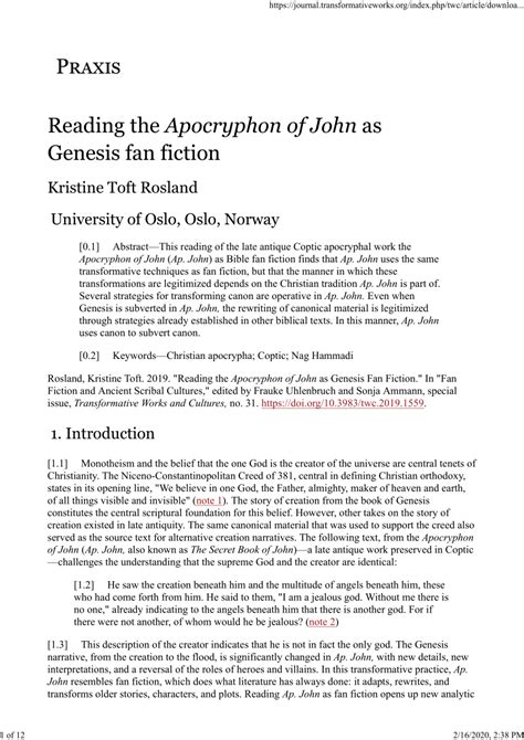 (PDF) Reading the Apocryphon of John as Genesis fan fiction