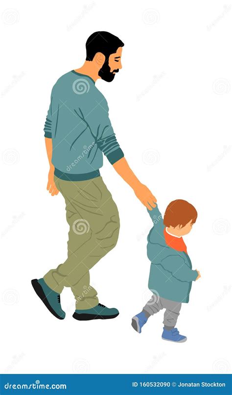 Young Father And Son Holding Hands Walking On The Street Vector