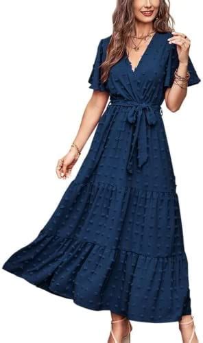 MASCOMODA Women Boho Swiss Dot Maxi Dresses Wrap V Neck Flutter Short