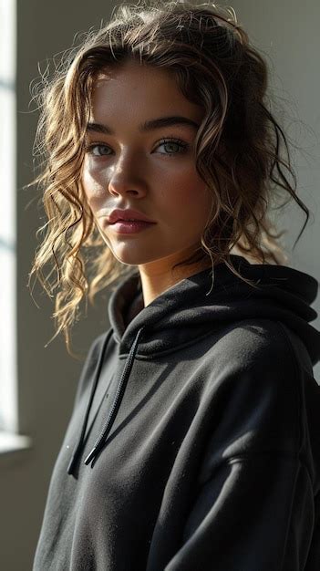 Premium Photo A Woman In A Black Hoodie Looking At The Camera