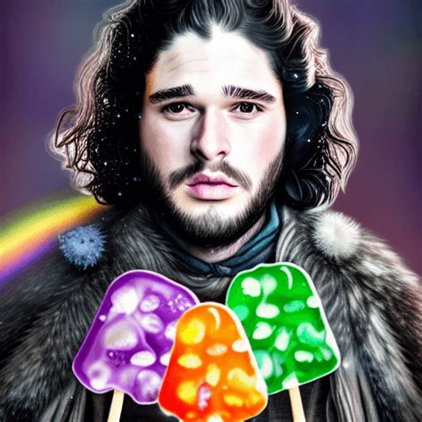 Super Realistic Whimsical Cute Jon Snow Eating A Rainbow Lollipop